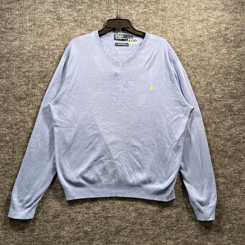 Polo Ralph Lauren Mens XL Blue 100% Pima Cotton V-Neck Sweater
